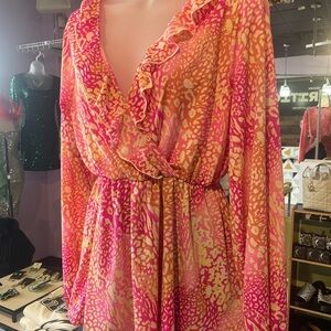 White Birch Pink and Orange Leopard Blouse